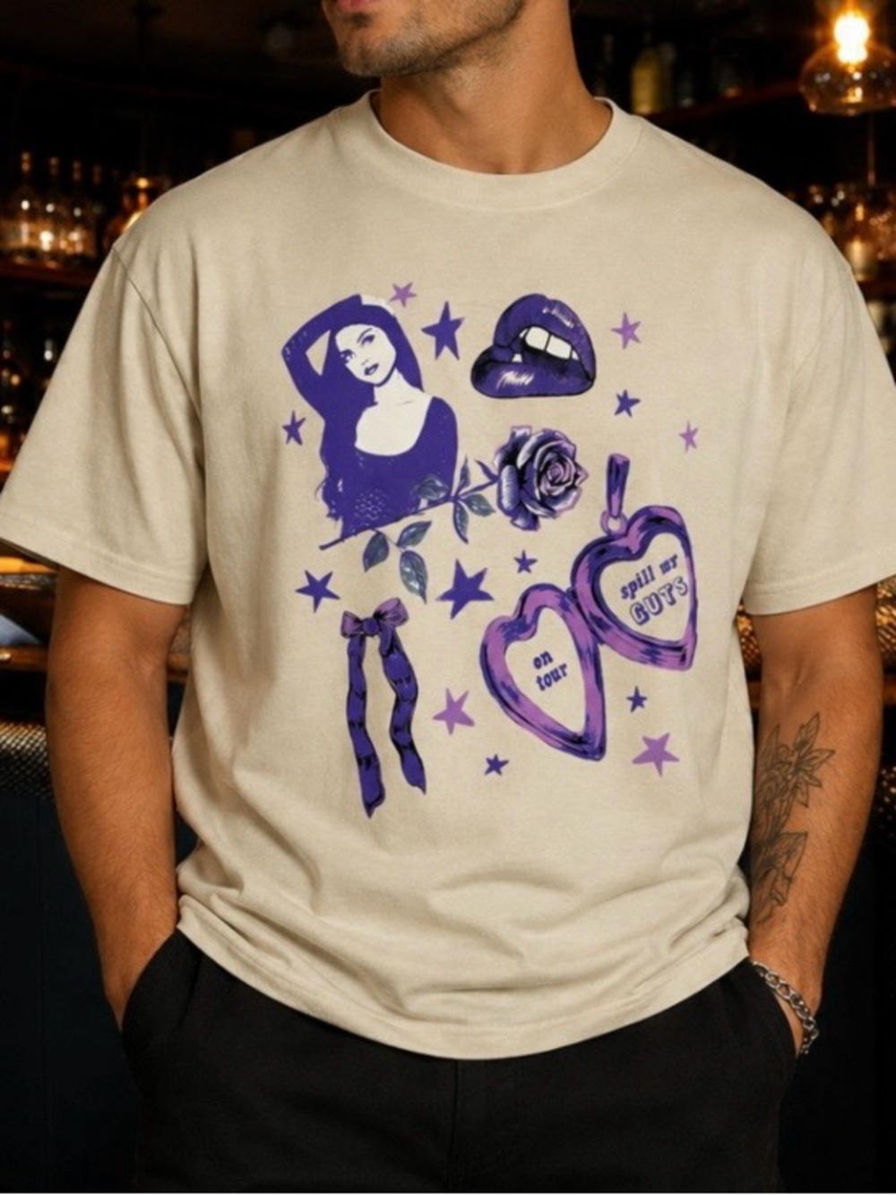 Olivia Rodrigo Guts World Tour 2024 Tan Graphic T-Shirt Mens Large Purple Print
